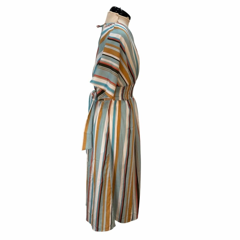 Oddy Multicolor Stripe Midi Dress | Smocked Waist | Button Front  | Size S - Picture 4 of 7